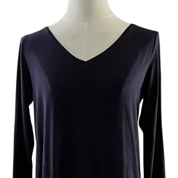 Eileen Fisher Dress XS Petite Navy Blue Tencel Knit V-Neck 3/4 Sleeve Minimalist - Picture 2 of 11